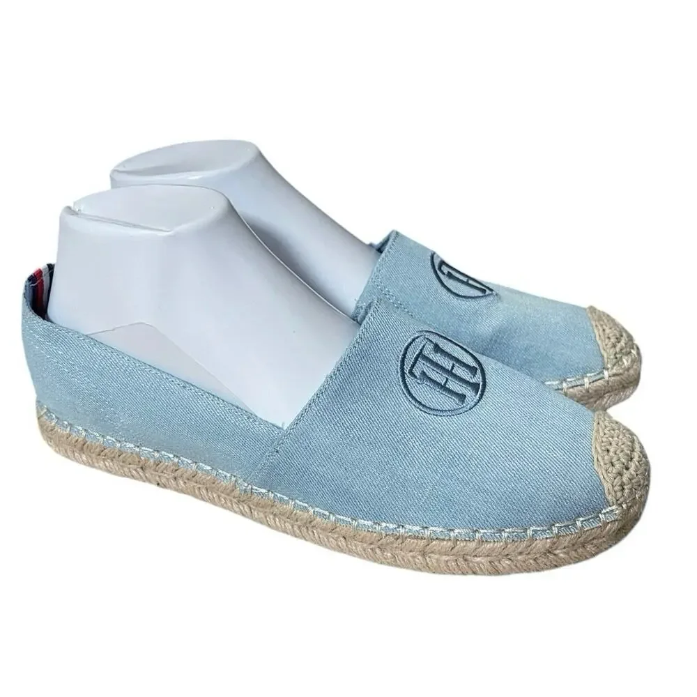 Tommy Hilfiger Light Blue Denim Espadrille Size 10 Monogram Logo Preppy Coastal